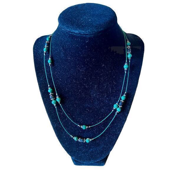 Women’s Silver Tone Green Black Malachite Glass Beaded Double‎ Strand Necklace - Picture 1 of 5